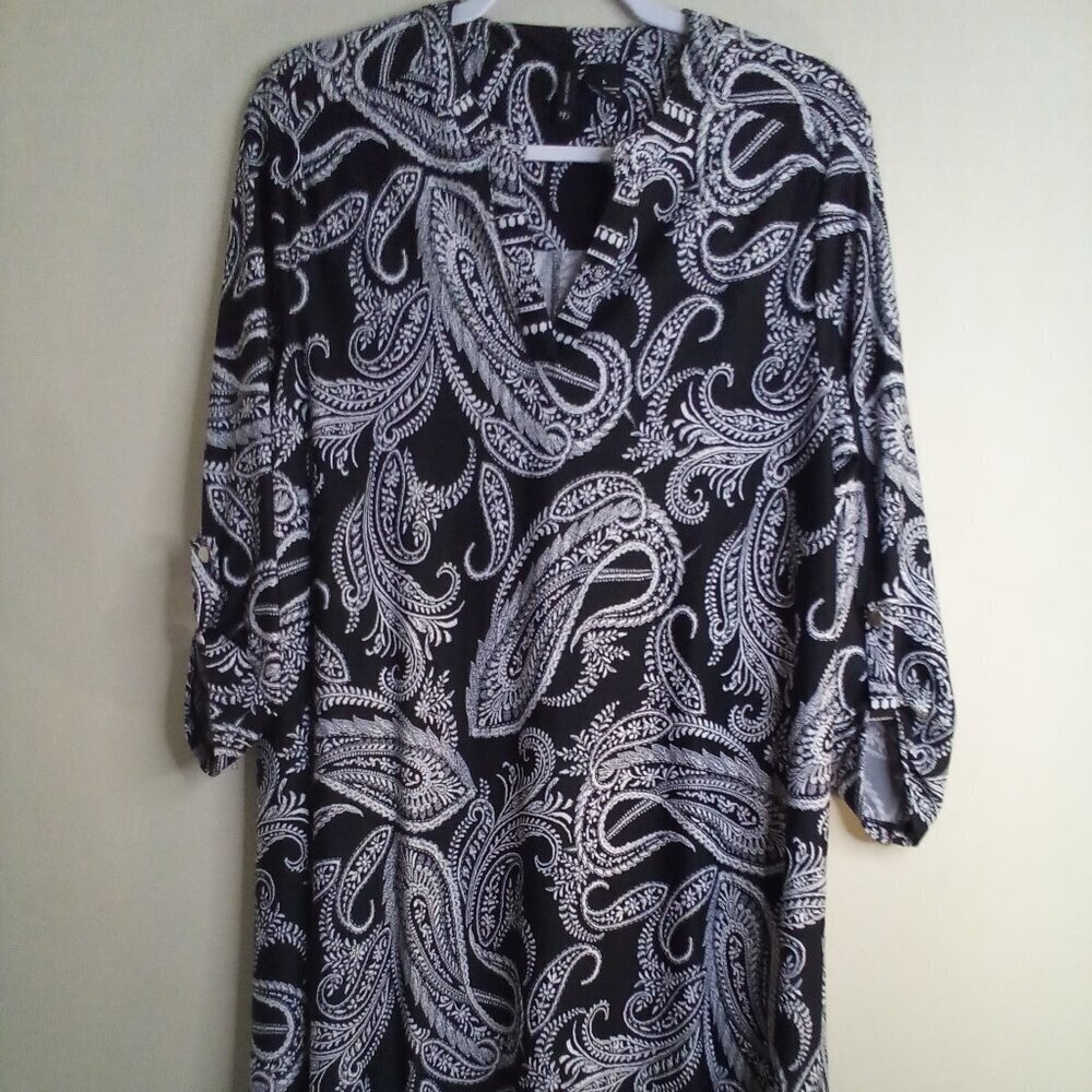 New Directions Dress Women L 3/4 Sleeve Soft Stretch Pattern Black White
